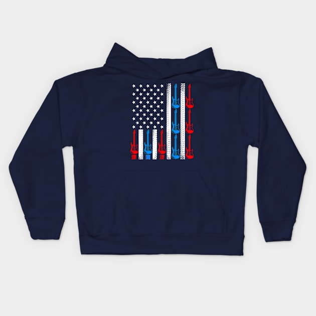 US American Flag Guitar 4th of July Patriotic Guitarist Kids Hoodie by Fox Dexter